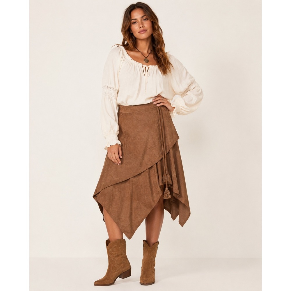 Boho Skirt Y2K Faux Suede Western Handkerchief Hem Rope Tassel Brown Hoblin LG